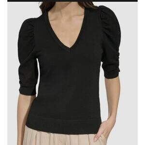 DKNY Sweater Size M Medium Women Black Puff Sleeve V Neck Elbow Sleeve Classic